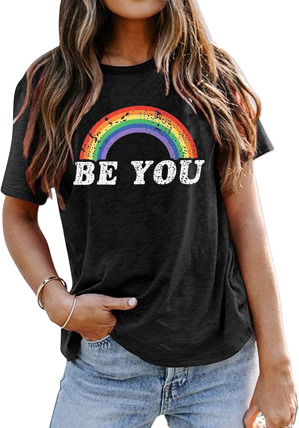 Pride Shirt Women Rainbow Graphic Tees Funny Be You Letter Print T Shirt LGBT Equality Shirts Casual Short Sleeve Tops