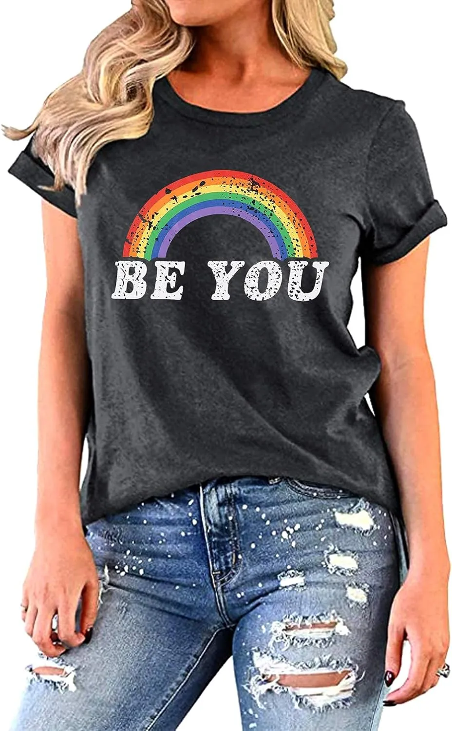 Pride Shirt Women Rainbow Graphic Tees Funny Be You Letter Print T Shirt LGBT Equality Shirts Casual Short Sleeve Tops