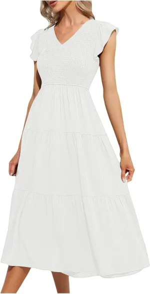 PTOLOCIF Flowy Dresses for Women, 2024 Summer Casual Boho Dresses Flutter Short Sleeve Crewneck Loose Tiered Beach Maxi Dress