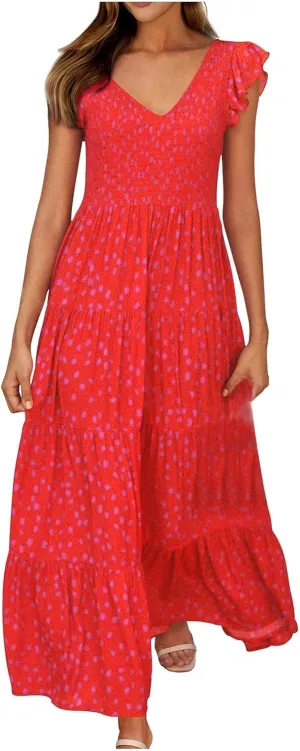 PTOLOCIF Flowy Dresses for Women, 2024 Summer Casual Boho Dresses Flutter Short Sleeve Crewneck Loose Tiered Beach Maxi Dress