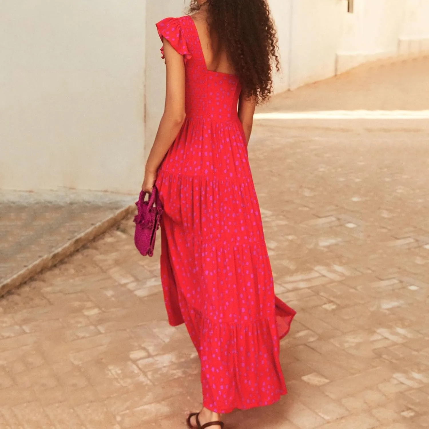 PTOLOCIF Flowy Dresses for Women, 2024 Summer Casual Boho Dresses Flutter Short Sleeve Crewneck Loose Tiered Beach Maxi Dress