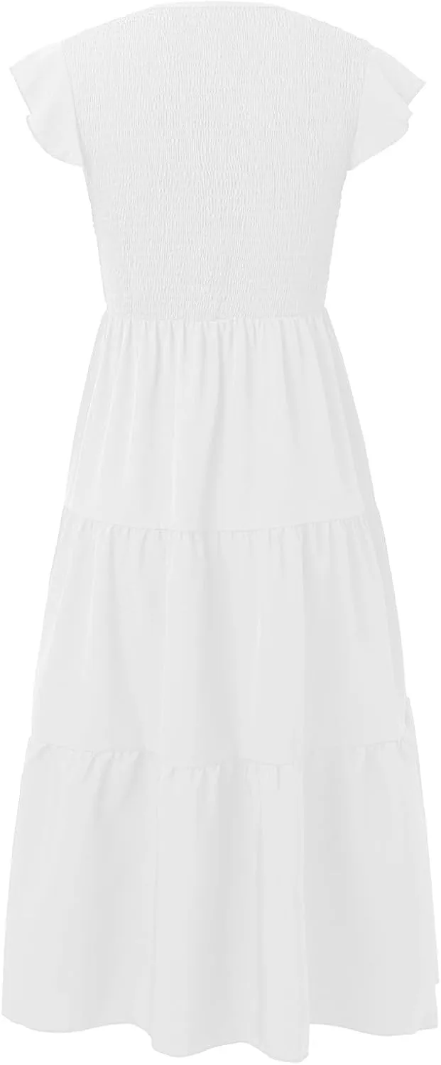 PTOLOCIF Flowy Dresses for Women, 2024 Summer Casual Boho Dresses Flutter Short Sleeve Crewneck Loose Tiered Beach Maxi Dress