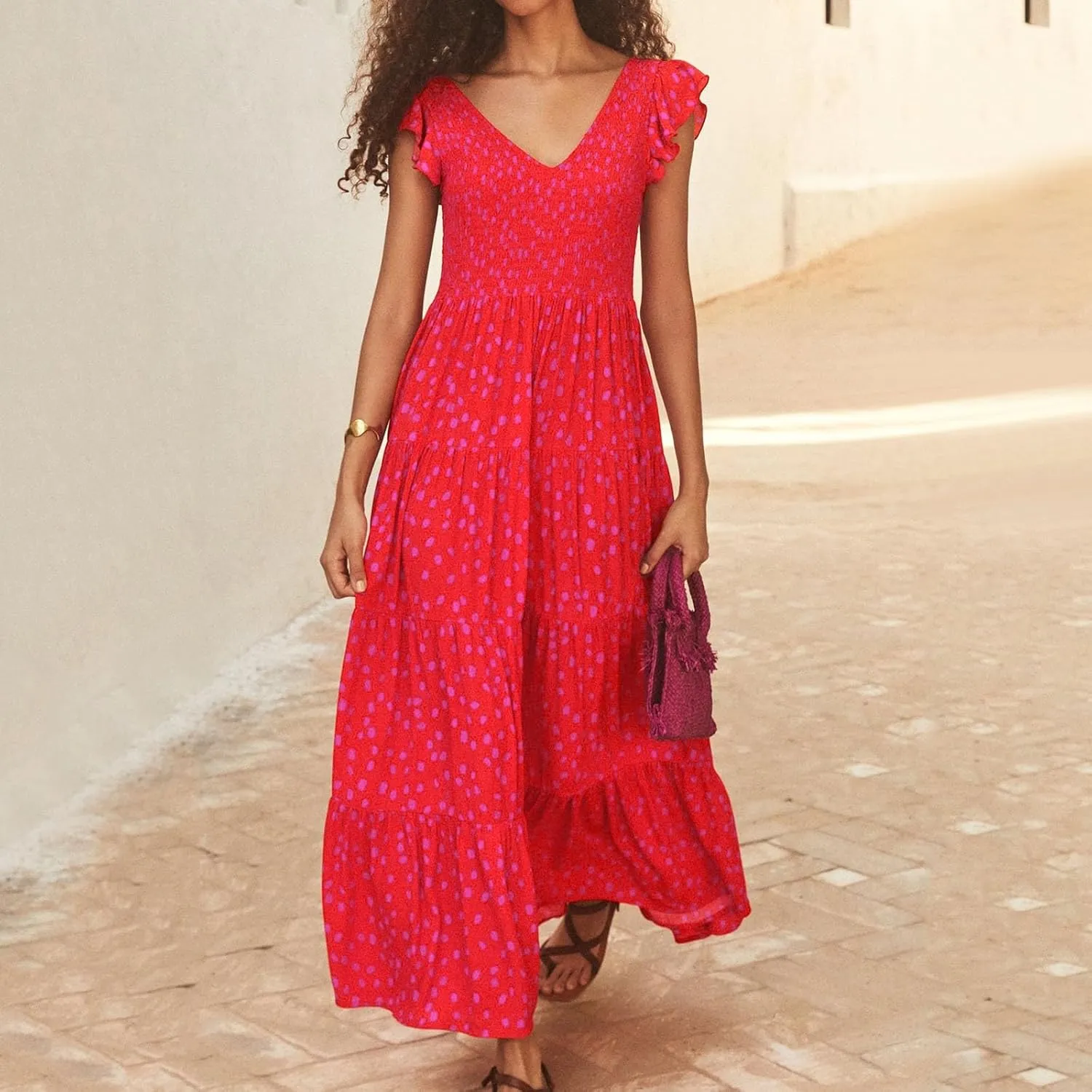 PTOLOCIF Flowy Dresses for Women, 2024 Summer Casual Boho Dresses Flutter Short Sleeve Crewneck Loose Tiered Beach Maxi Dress
