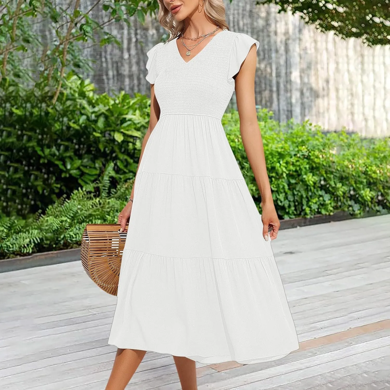 PTOLOCIF Flowy Dresses for Women, 2024 Summer Casual Boho Dresses Flutter Short Sleeve Crewneck Loose Tiered Beach Maxi Dress