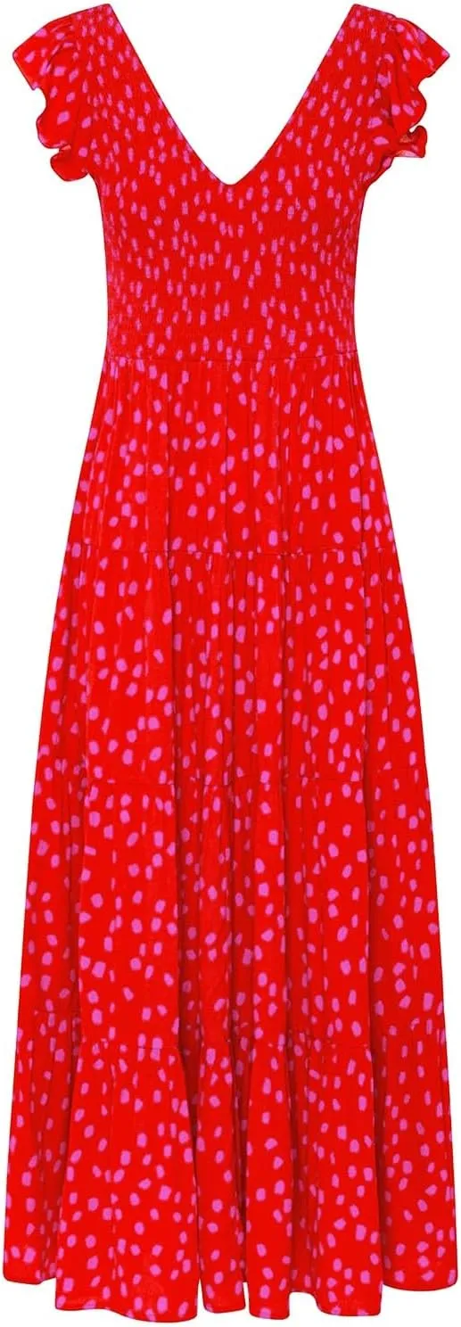PTOLOCIF Flowy Dresses for Women, 2024 Summer Casual Boho Dresses Flutter Short Sleeve Crewneck Loose Tiered Beach Maxi Dress