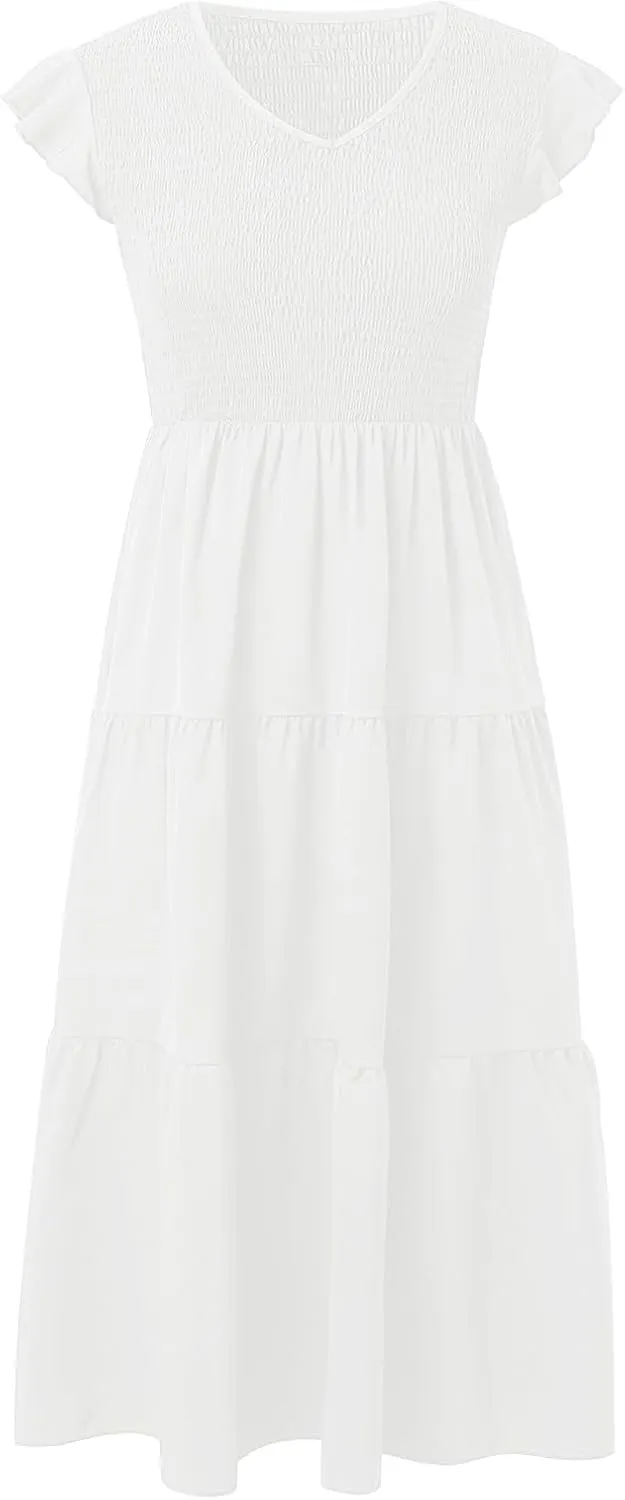 PTOLOCIF Flowy Dresses for Women, 2024 Summer Casual Boho Dresses Flutter Short Sleeve Crewneck Loose Tiered Beach Maxi Dress
