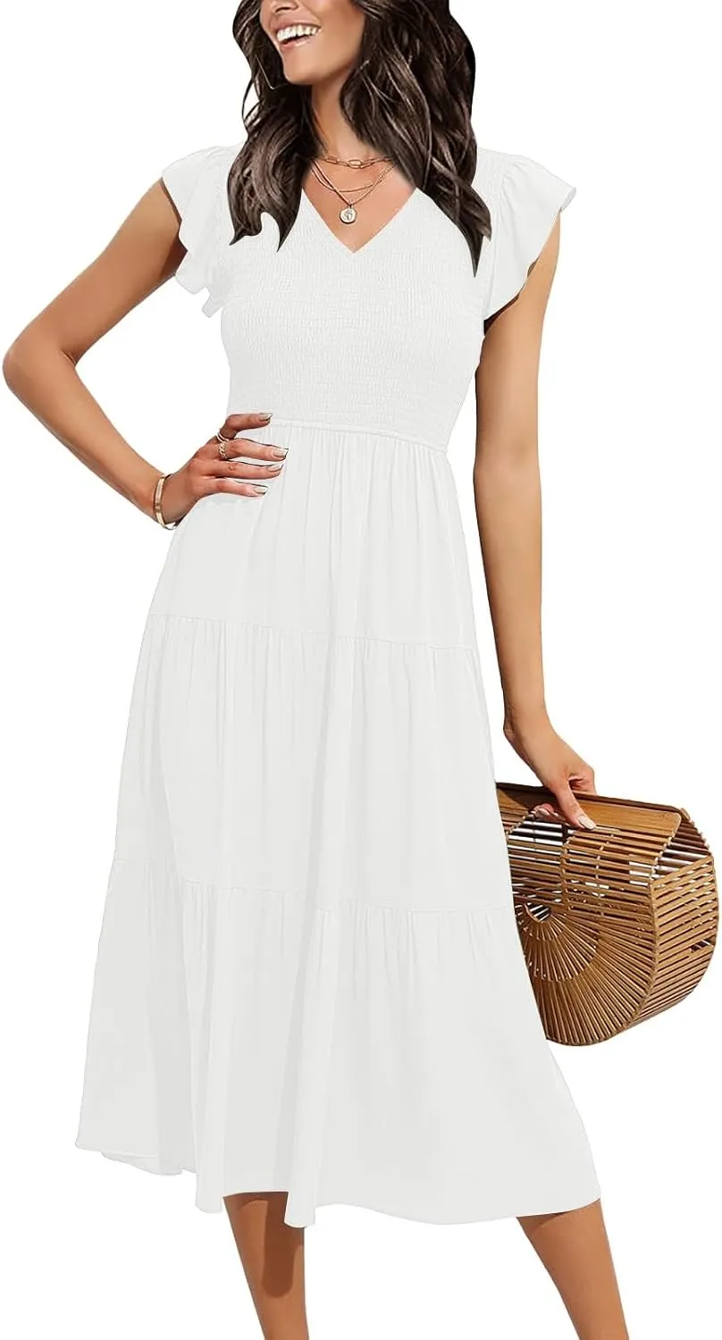 PTOLOCIF Flowy Dresses for Women, 2024 Summer Casual Boho Dresses Flutter Short Sleeve Crewneck Loose Tiered Beach Maxi Dress