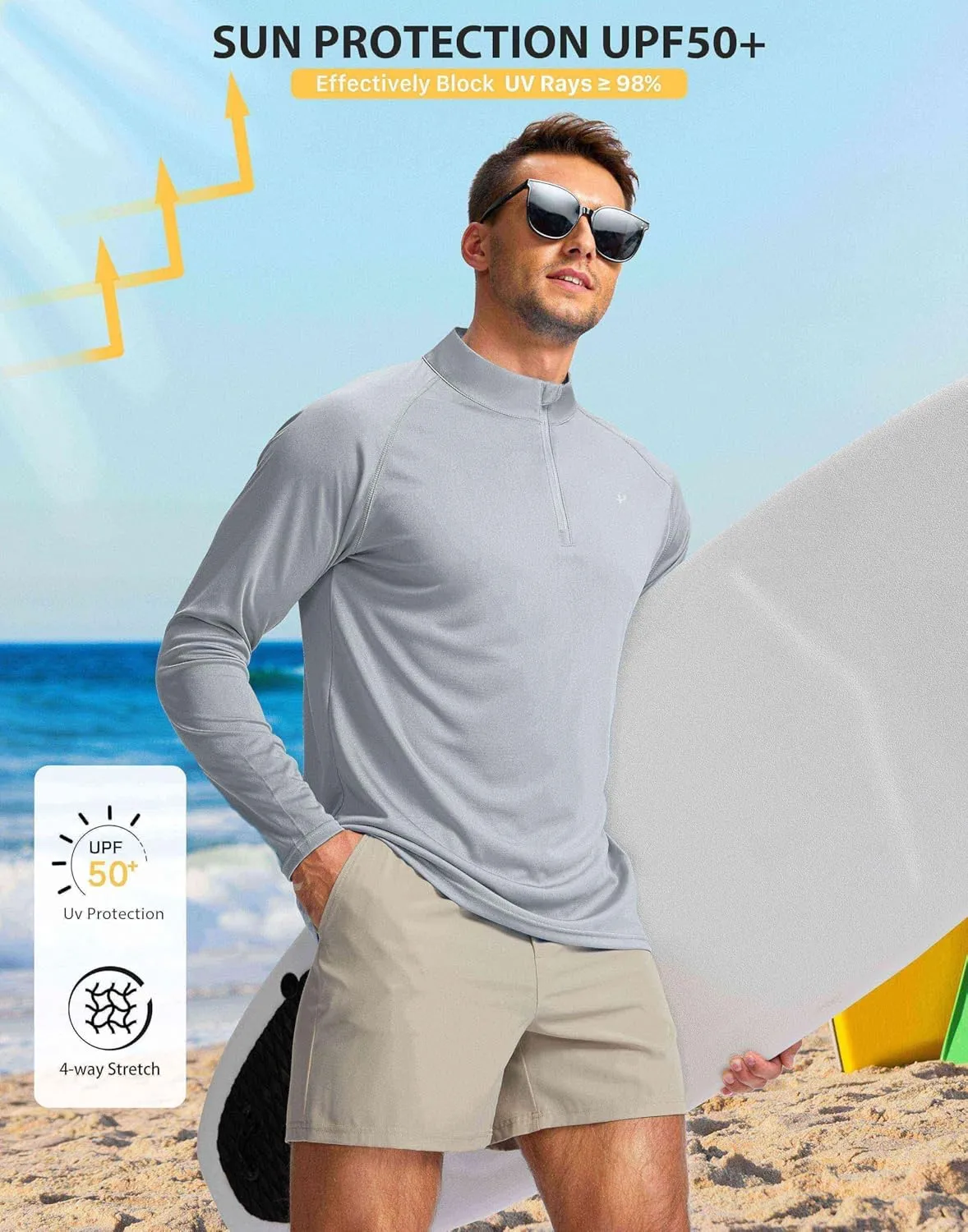 Pudolla Men's 1/4 Zip Sun Protection Shirts UV SPF UPF 50  Long Sleeve Rash Guard Fishing Running Hiking Athletic Tee Shirts