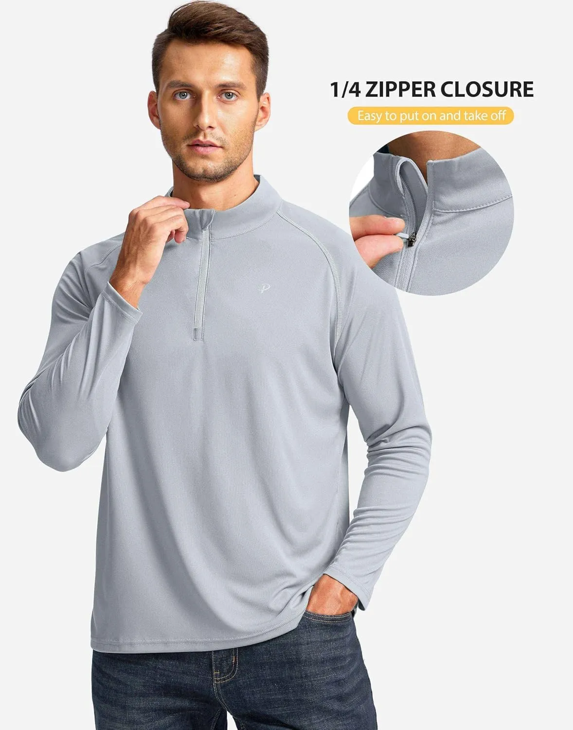 Pudolla Men's 1/4 Zip Sun Protection Shirts UV SPF UPF 50  Long Sleeve Rash Guard Fishing Running Hiking Athletic Tee Shirts