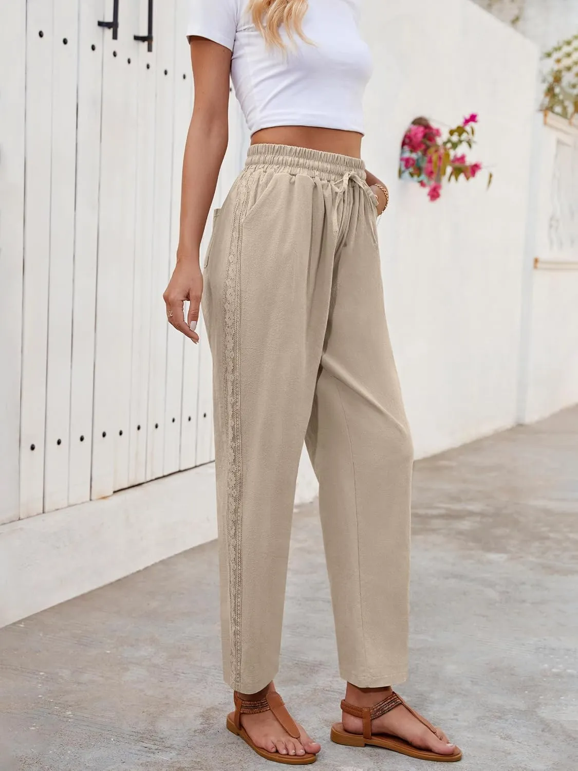 Puimentiua Women Linen Pants Lightweight Capri Pants with Lace Side Summer Casual Beach Drawstring Elastic Waist Trousers