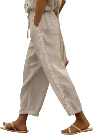 Puimentiua Women Linen Pants Lightweight Capri Pants with Lace Side Summer Casual Beach Drawstring Elastic Waist Trousers
