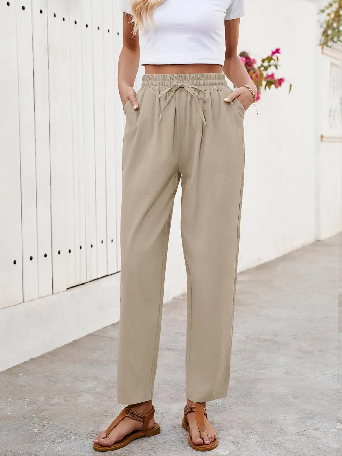 Puimentiua Women Linen Pants Lightweight Capri Pants with Lace Side Summer Casual Beach Drawstring Elastic Waist Trousers