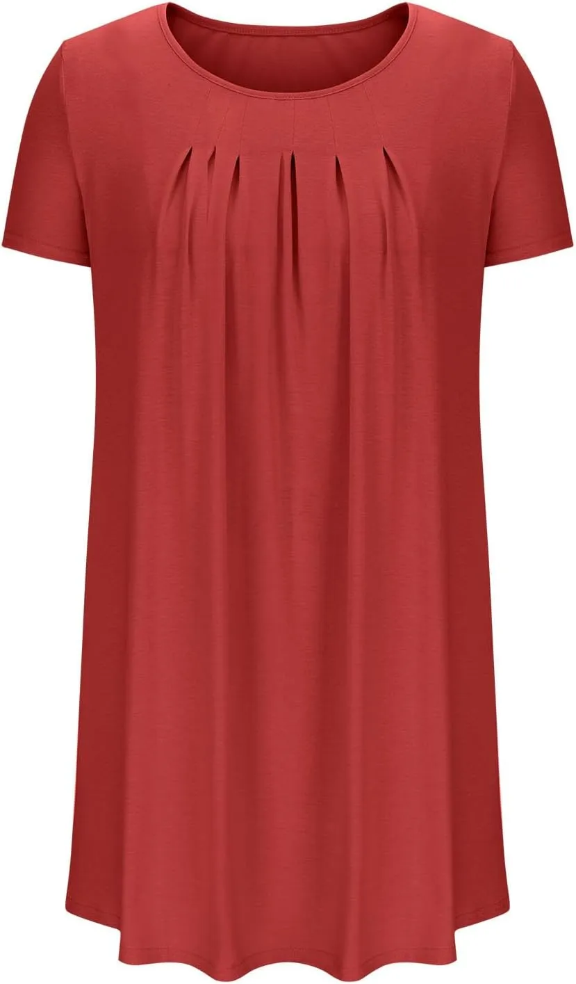 QIGUAND Women Pleats Draped T Shirt Dress Summer Short Sleeve Crewneck Mini Dresses Casual Comfy Loungewear Pjs Tunic Dress
