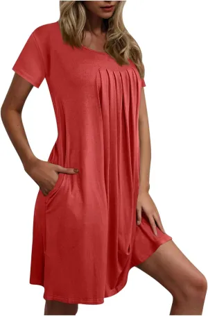 QIGUAND Women Pleats Draped T Shirt Dress Summer Short Sleeve Crewneck Mini Dresses Casual Comfy Loungewear Pjs Tunic Dress
