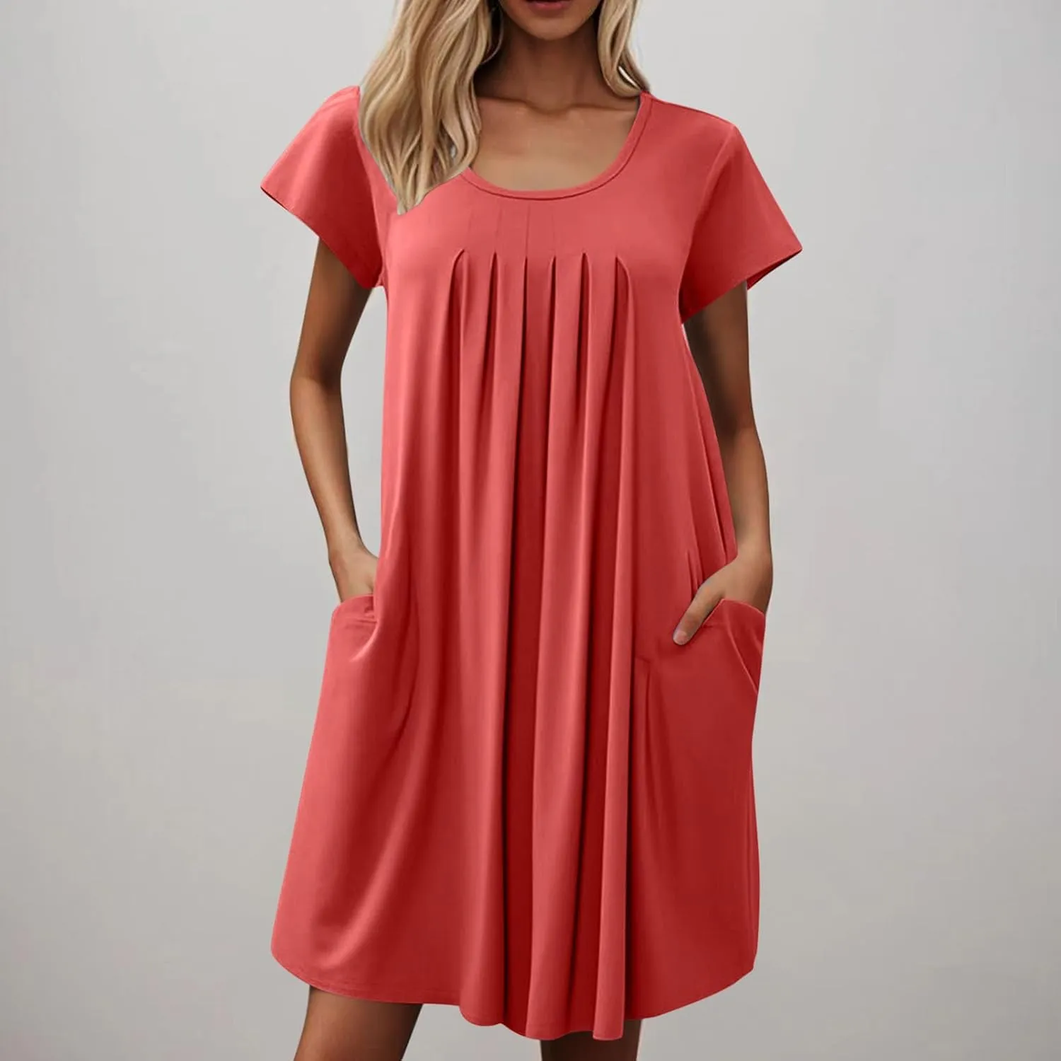 QIGUAND Women Pleats Draped T Shirt Dress Summer Short Sleeve Crewneck Mini Dresses Casual Comfy Loungewear Pjs Tunic Dress