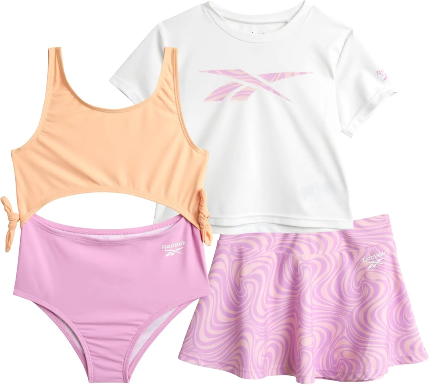 Reebok Girls' Bathing Suit Set - 3 Piece Quick Dry T-Shirt and Skirt with One Piece Cut Out Monokini Swimsuit - Swimwear Set