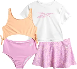 Reebok Girls' Bathing Suit Set - 3 Piece Quick Dry T-Shirt and Skirt with One Piece Cut Out Monokini Swimsuit - Swimwear Set