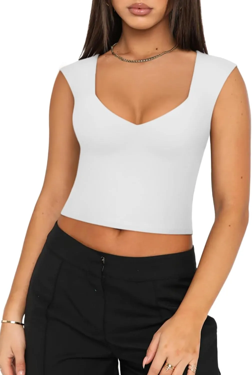 REORIA Women's Trendy Butsmooth Sexy Casual V Neck Double Lined Sleeveless Slimming Going Out Crop Tank Top