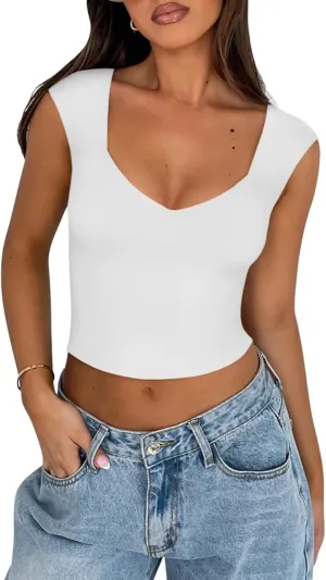 REORIA Women's Trendy Butsmooth Sexy Casual V Neck Double Lined Sleeveless Slimming Going Out Crop Tank Top