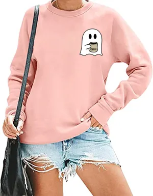 RFBIQI Halloween Spooky Coffee Sweatshirt Womens Cute Ghost Graphic Long Sleeve Shirt Fall Coffee Lover Casual Pullover Tops