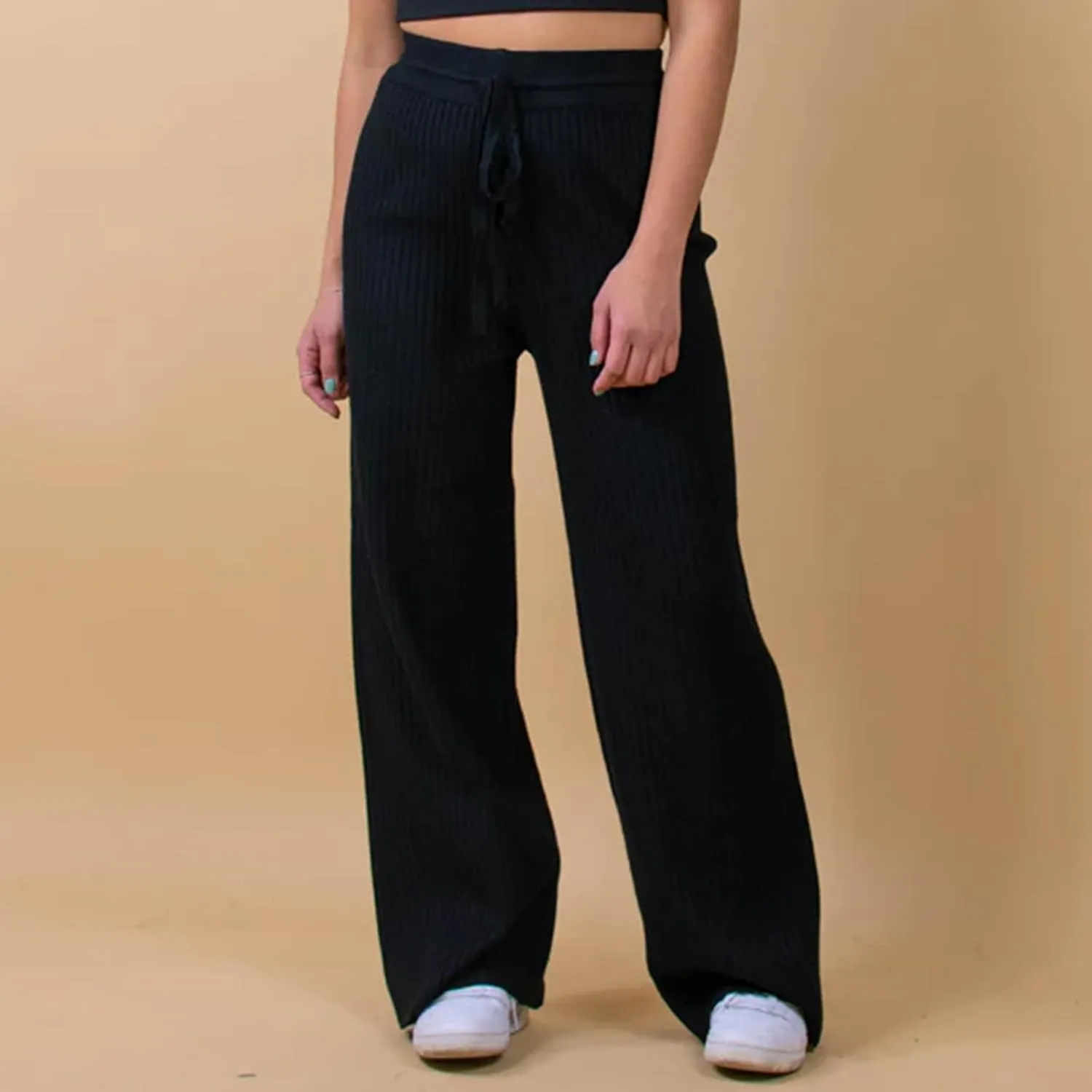 Ribbed Knit Pants Women High Elastic Waist Flare Sweater Pants Wide Leg Lounge Pants Sleep Drawstring Trousers