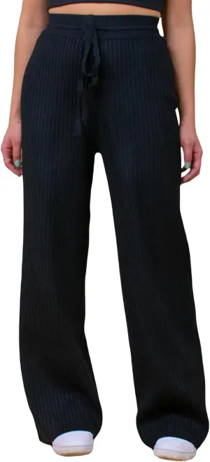 Ribbed Knit Pants Women High Elastic Waist Flare Sweater Pants Wide Leg Lounge Pants Sleep Drawstring Trousers