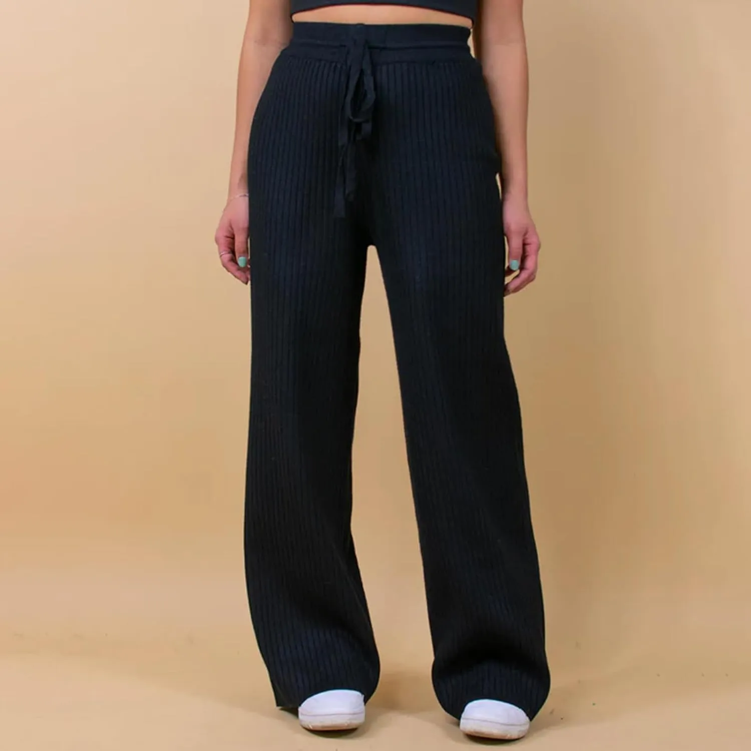Ribbed Knit Pants Women High Elastic Waist Flare Sweater Pants Wide Leg Lounge Pants Sleep Drawstring Trousers