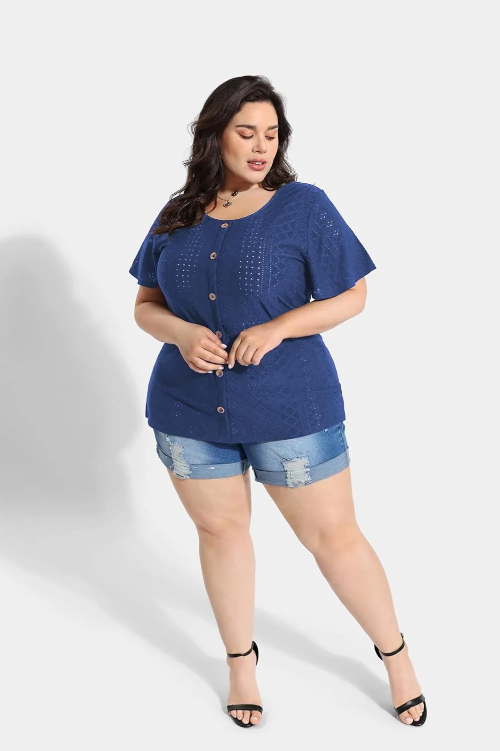 RITERA Plus Size Tops for Women Crewneck Neck with Button Up Short Sleeve Embroidery Henley Tshirt Casual Basic Shirt XL-5XL
