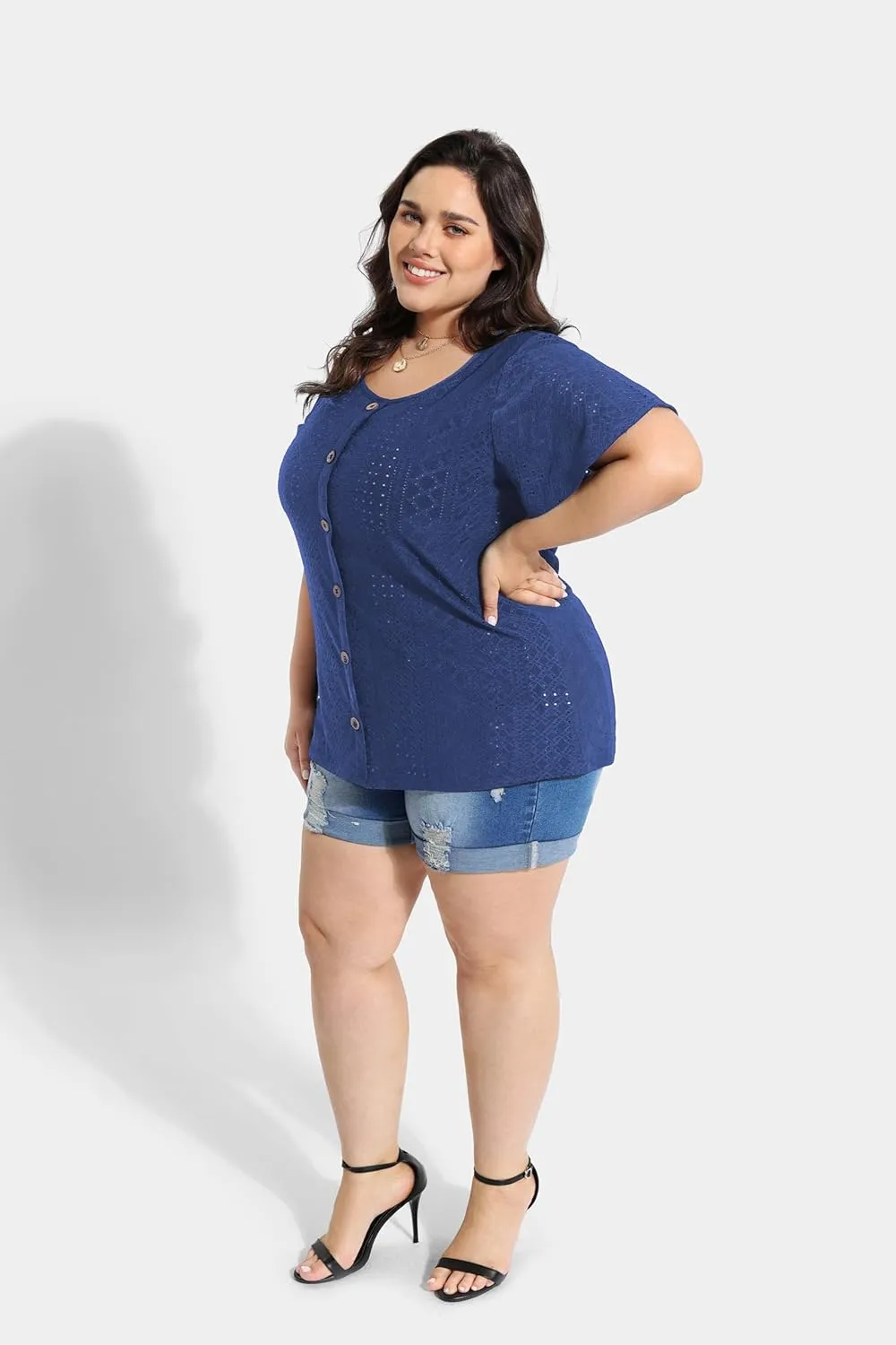 RITERA Plus Size Tops for Women Crewneck Neck with Button Up Short Sleeve Embroidery Henley Tshirt Casual Basic Shirt XL-5XL