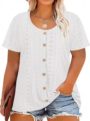 RITERA Plus Size Tops for Women Crewneck Neck with Button Up Short Sleeve Embroidery Henley Tshirt Casual Basic Shirt XL-5XL