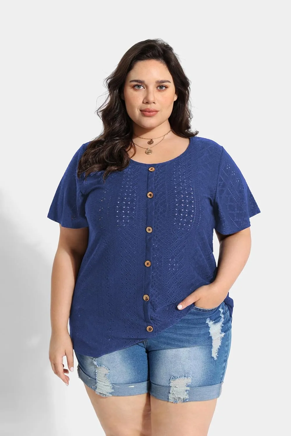 RITERA Plus Size Tops for Women Crewneck Neck with Button Up Short Sleeve Embroidery Henley Tshirt Casual Basic Shirt XL-5XL