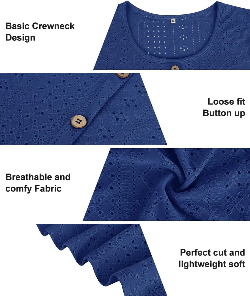 RITERA Plus Size Tops for Women Crewneck Neck with Button Up Short Sleeve Embroidery Henley Tshirt Casual Basic Shirt XL-5XL