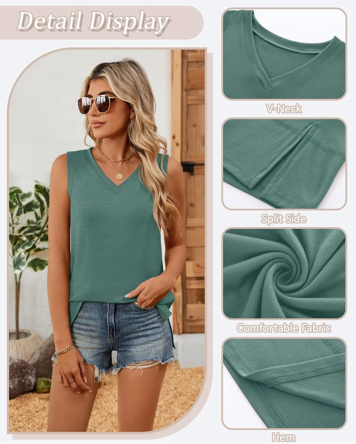 Riyiper 3 Pack Womens Tank Tops Sleeveless V Neck Casual Summer Cotton Side Slit Hem Basic Tee Shirt Loose Fit Trendy Outfits