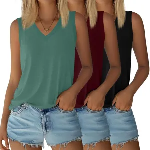 Riyiper 3 Pack Womens Tank Tops Sleeveless V Neck Casual Summer Cotton Side Slit Hem Basic Tee Shirt Loose Fit Trendy Outfits