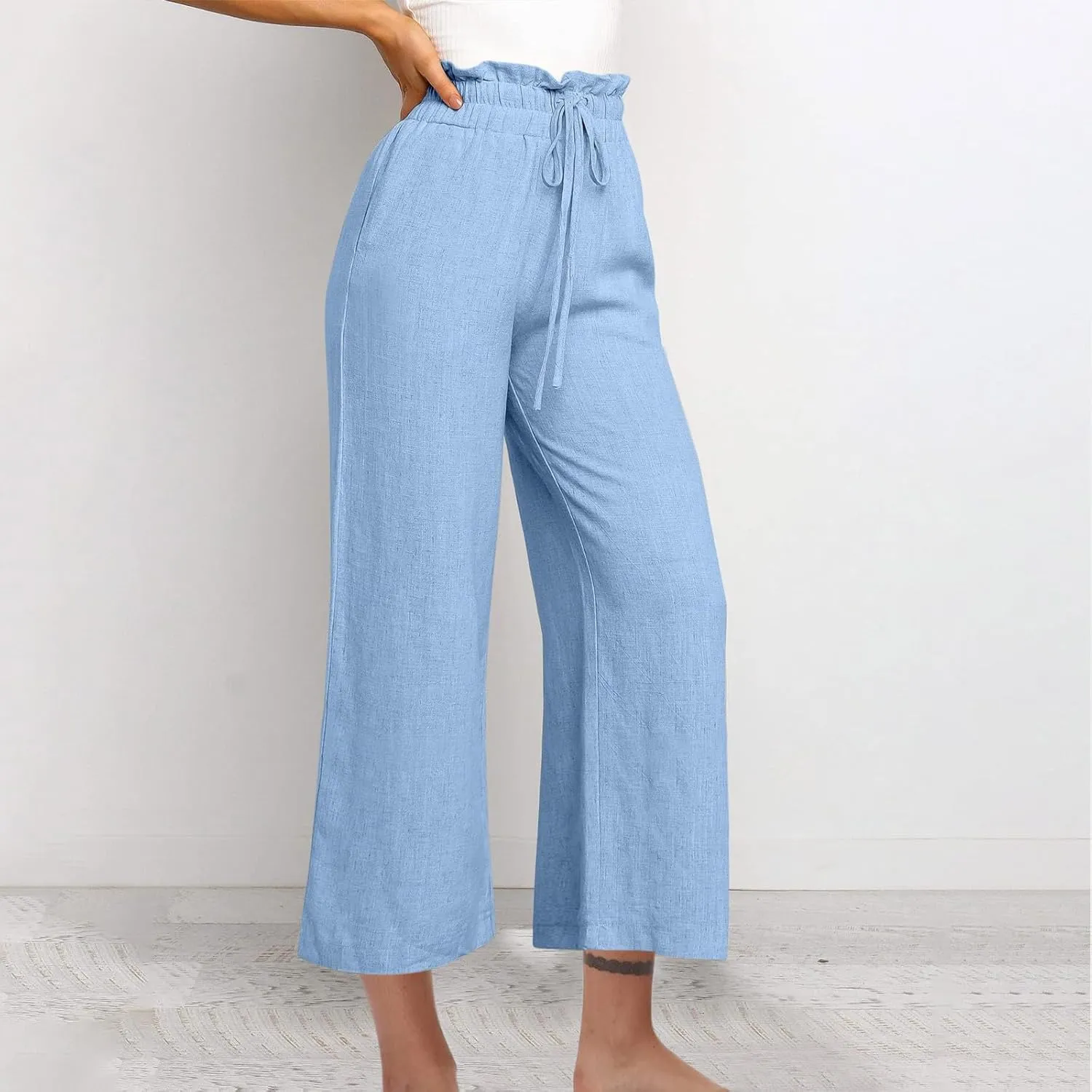 Ruffle High Waist Casual Pants for Women Solid Color Loose Wide Leg Trousers Lightweight Comfy Cotton and Linen Pants
