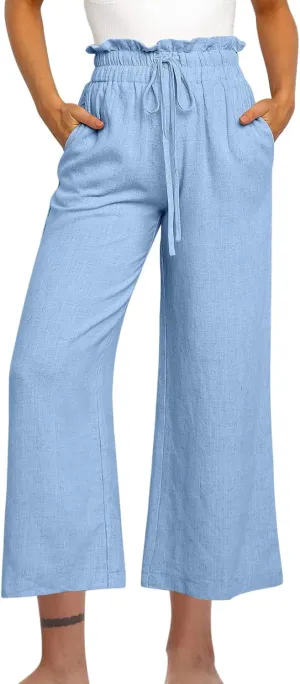 Ruffle High Waist Casual Pants for Women Solid Color Loose Wide Leg Trousers Lightweight Comfy Cotton and Linen Pants