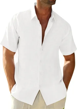 Runcati Mens Button Down Linen Shirts Short Sleeve Casual Collared Summer Beach Untucked Tops
