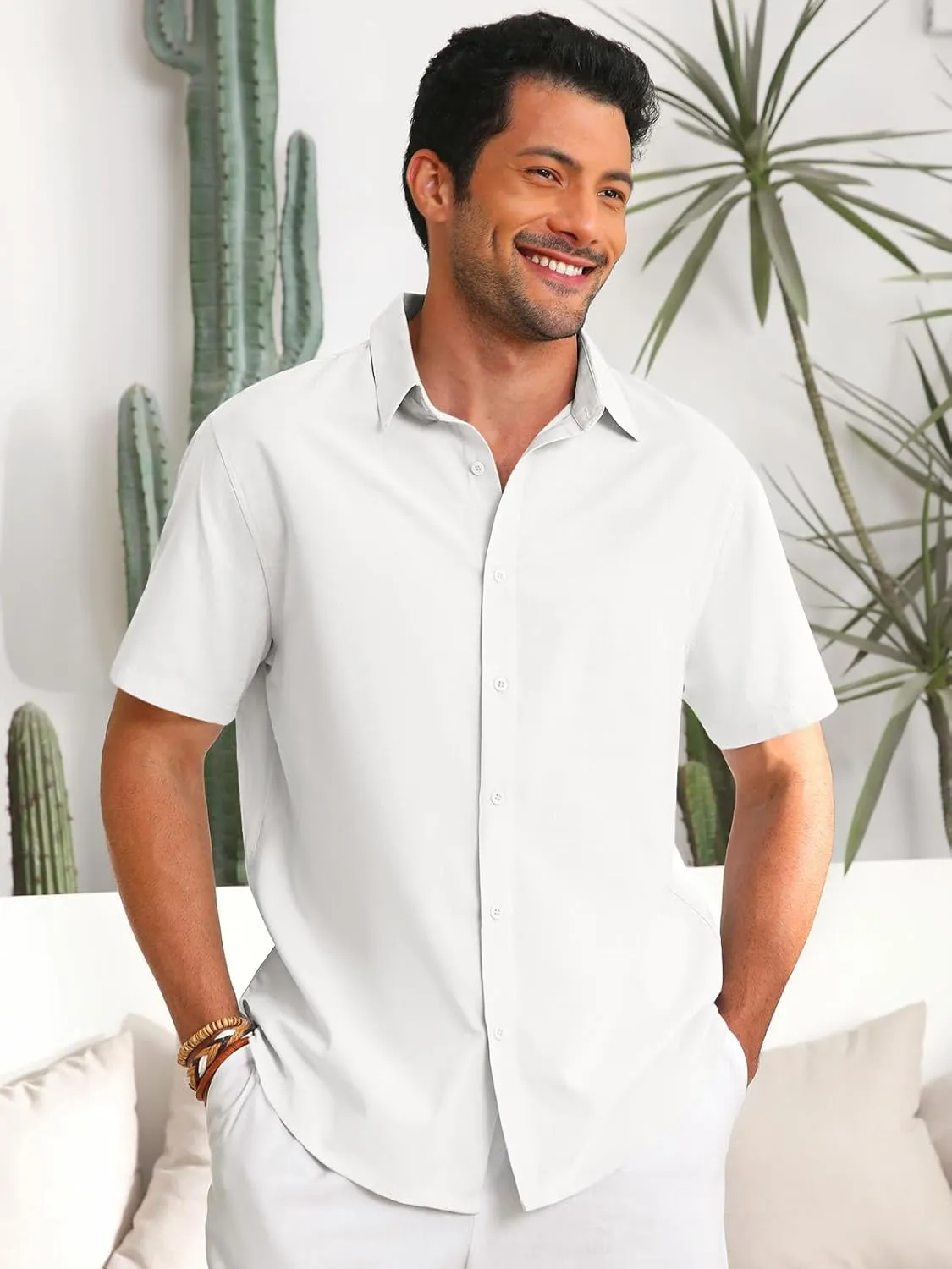 Runcati Mens Button Down Linen Shirts Short Sleeve Casual Collared Summer Beach Untucked Tops