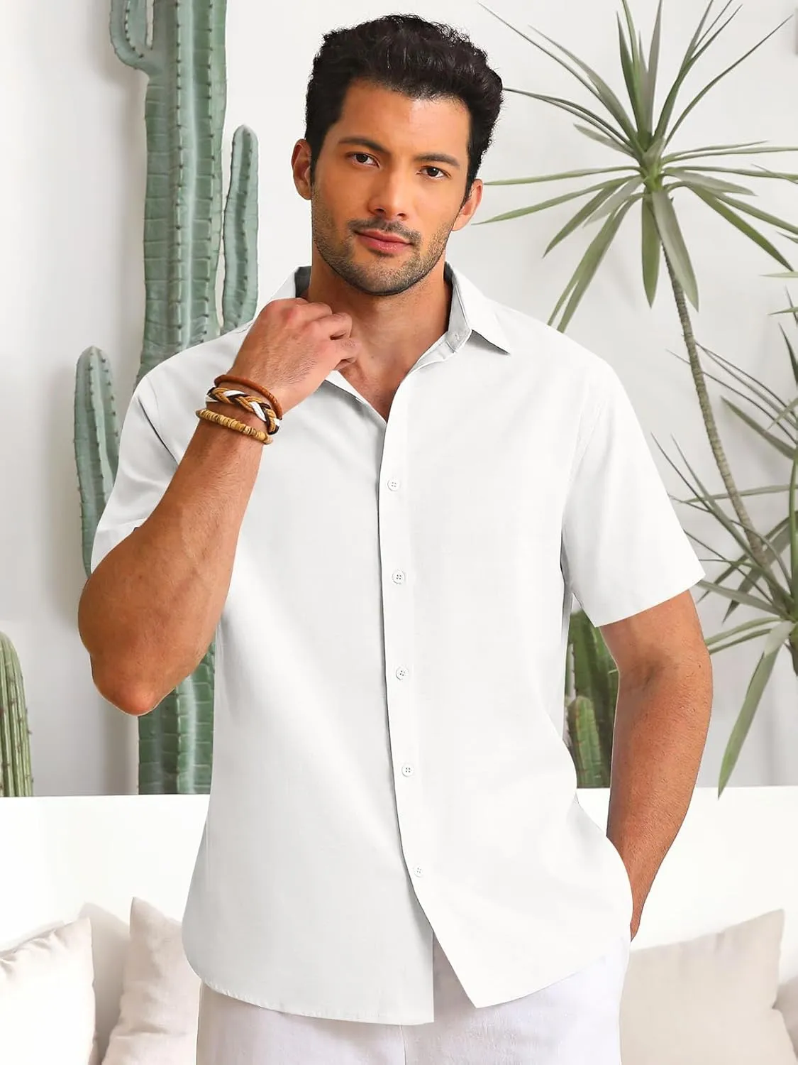 Runcati Mens Button Down Linen Shirts Short Sleeve Casual Collared Summer Beach Untucked Tops