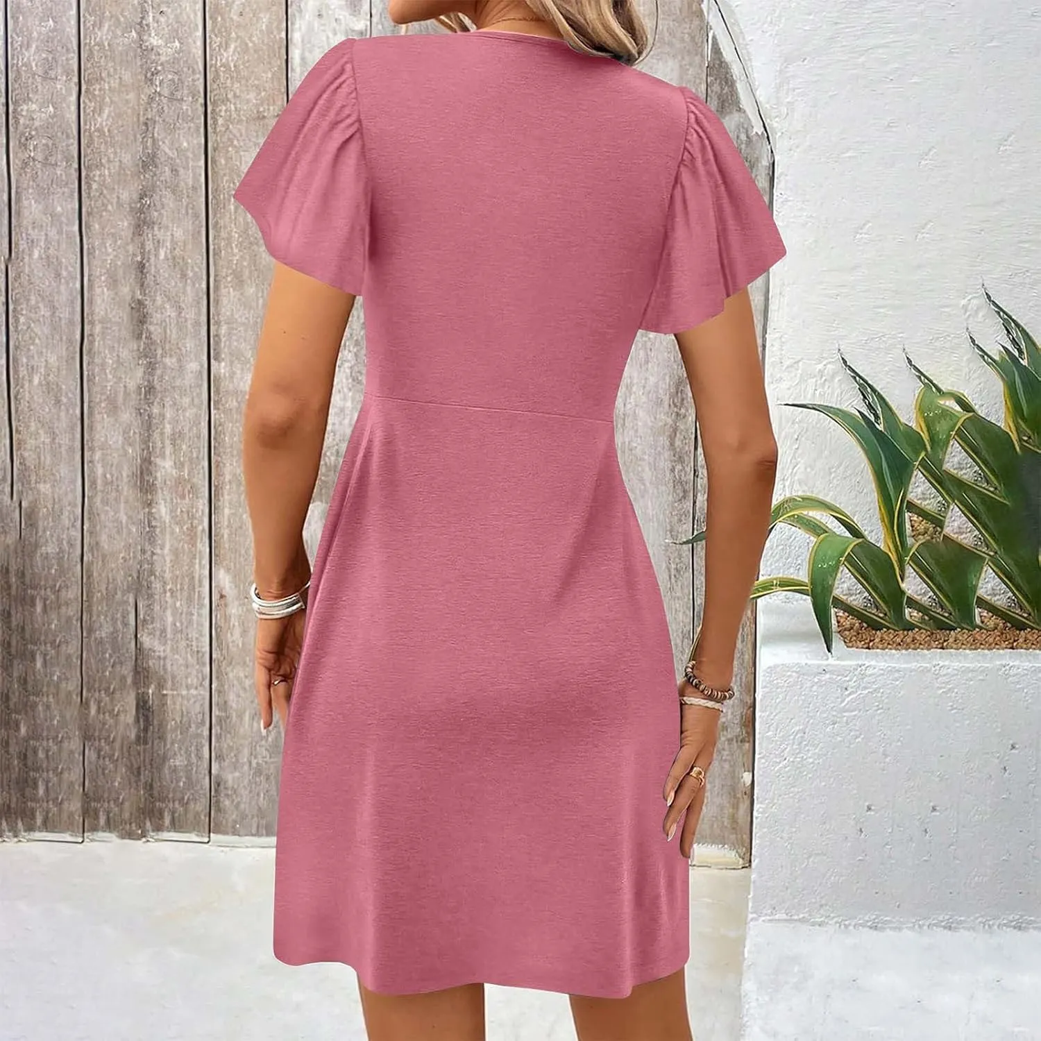 Ruziyoog Women's Twist Front V Neck Dress 2025 Fashion Short Sleeve Beach Sun Dress Summer Solid Color Casual A Line Dresses