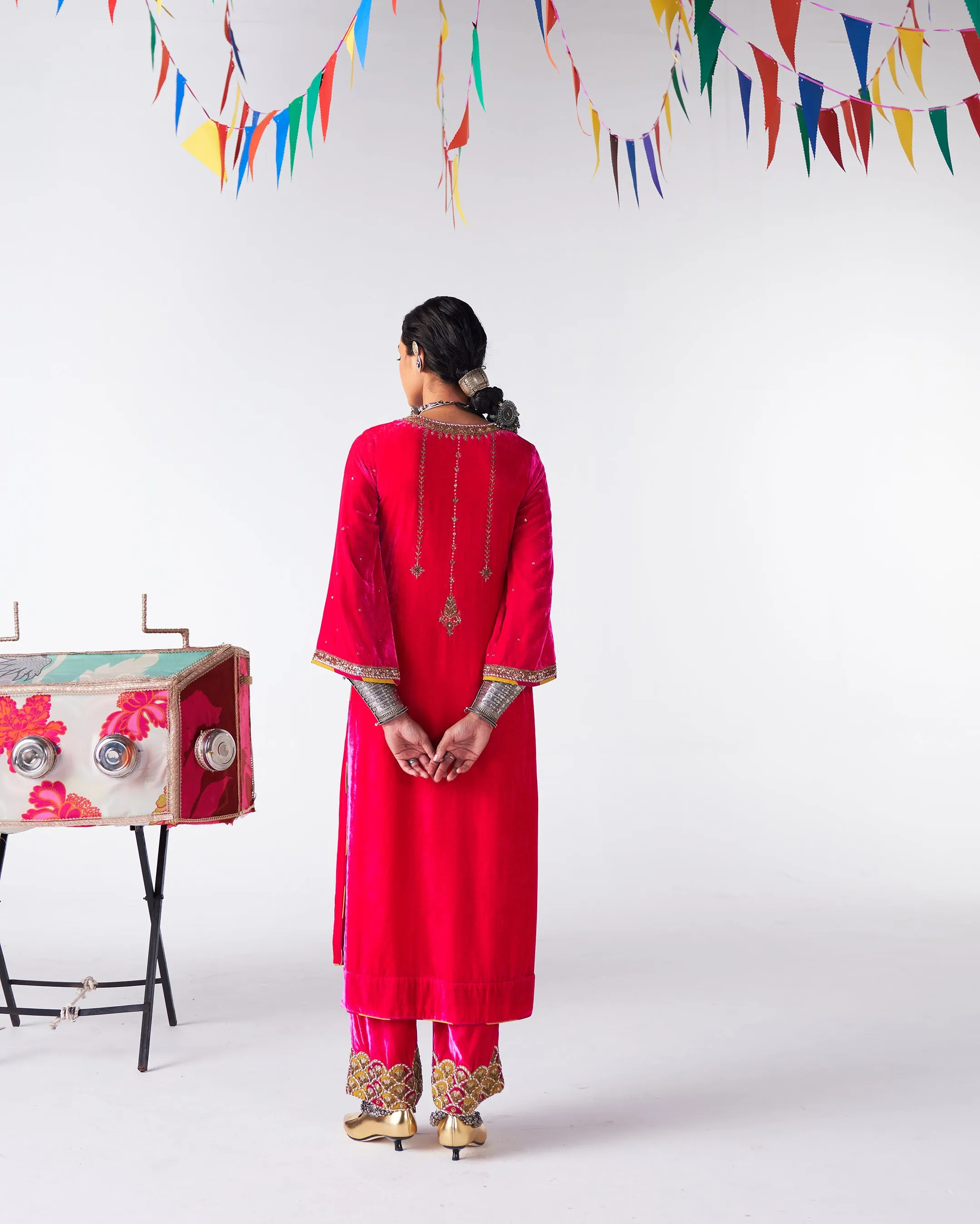 Sakhi Hot Pink Long Yoke Velvet Kurta Set