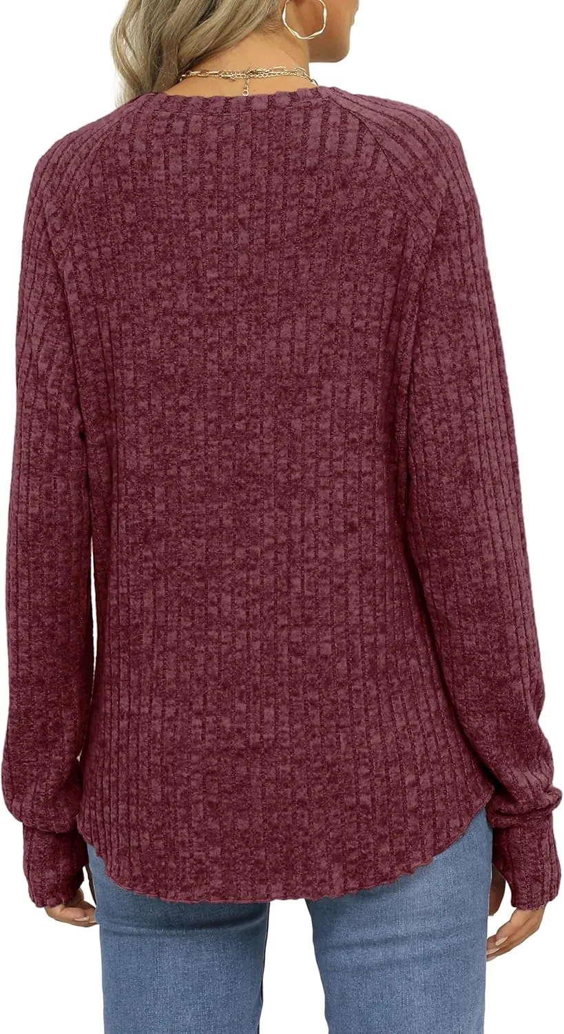 Saloogoe Women's Long Sleeve Top Crewneck Basic Lightweight Fall Shirt with Thumb Hole