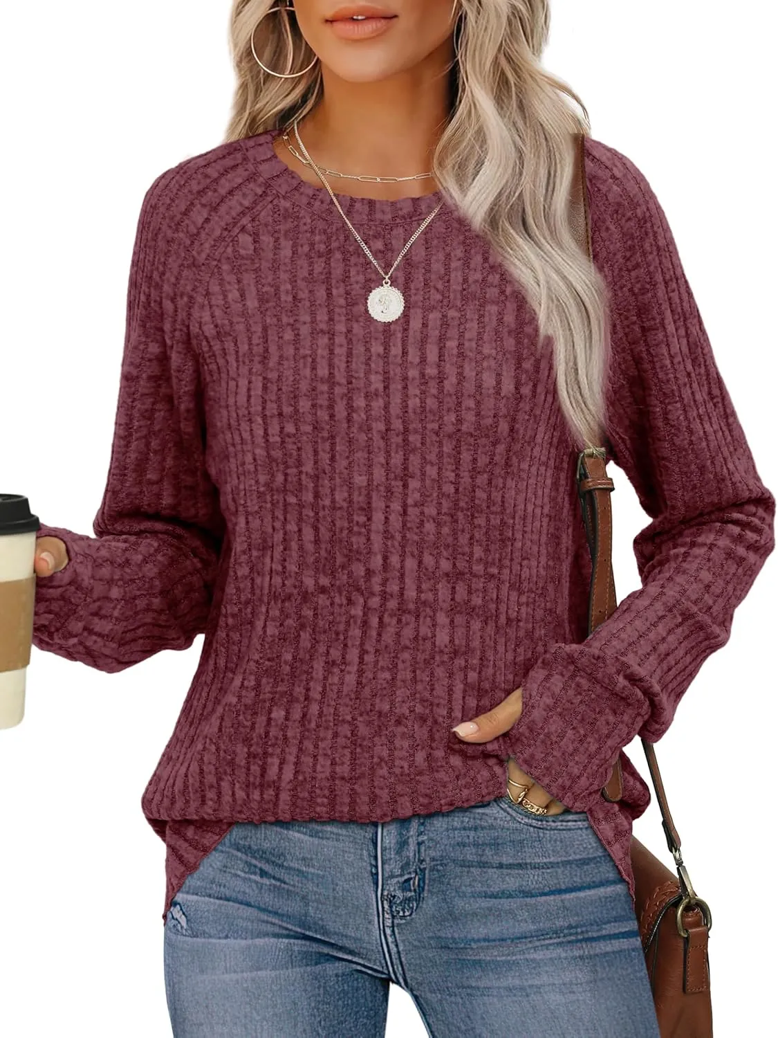 Saloogoe Women's Long Sleeve Top Crewneck Basic Lightweight Fall Shirt with Thumb Hole