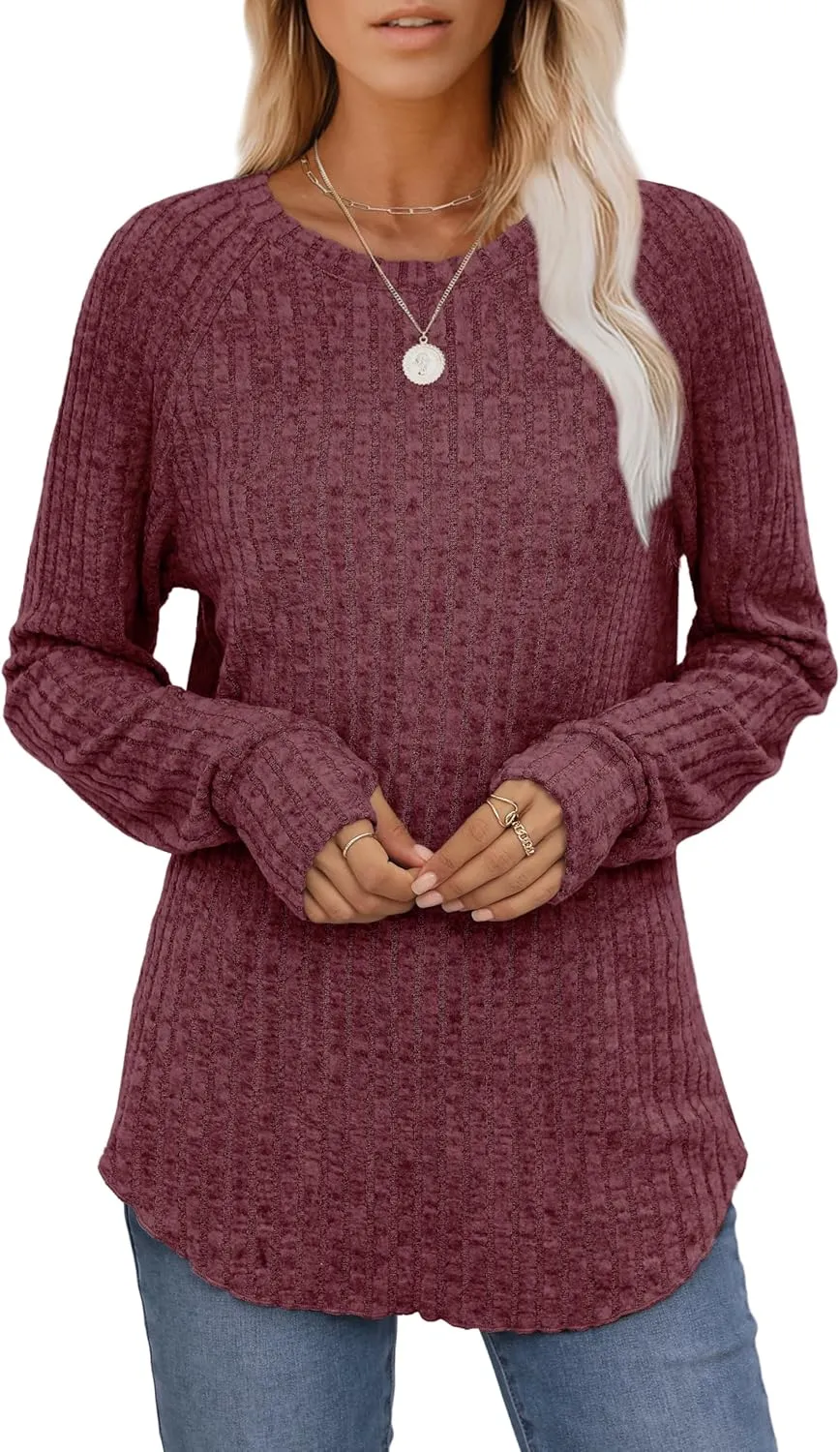 Saloogoe Women's Long Sleeve Top Crewneck Basic Lightweight Fall Shirt with Thumb Hole