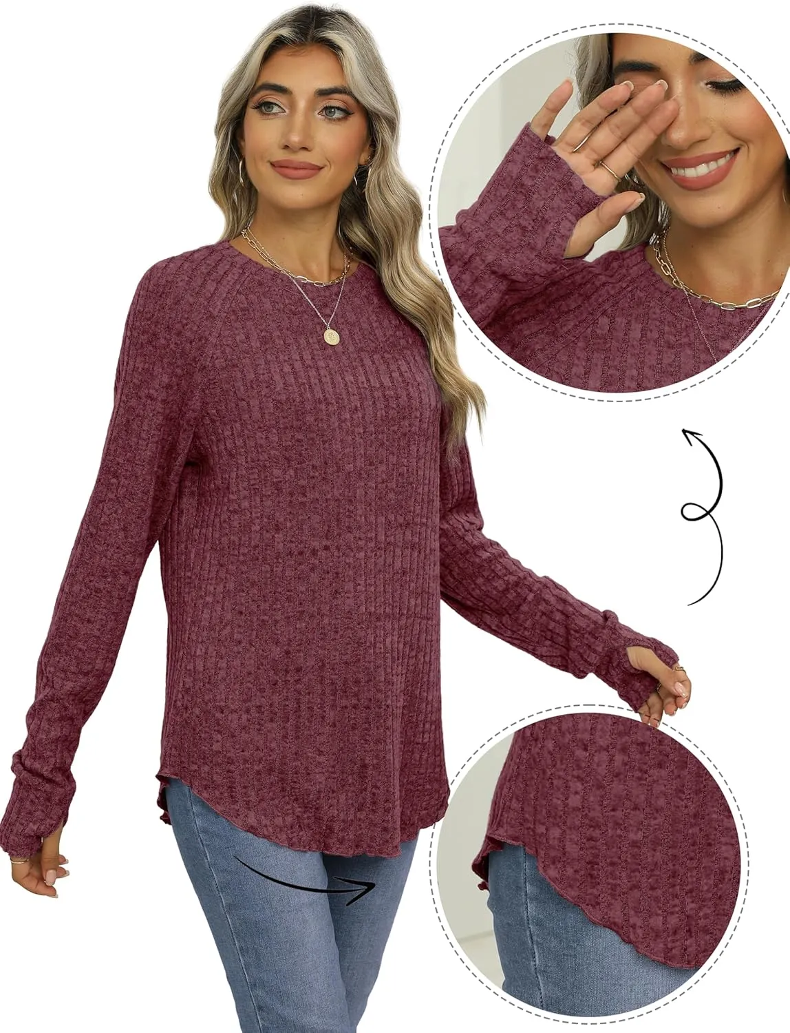 Saloogoe Women's Long Sleeve Top Crewneck Basic Lightweight Fall Shirt with Thumb Hole