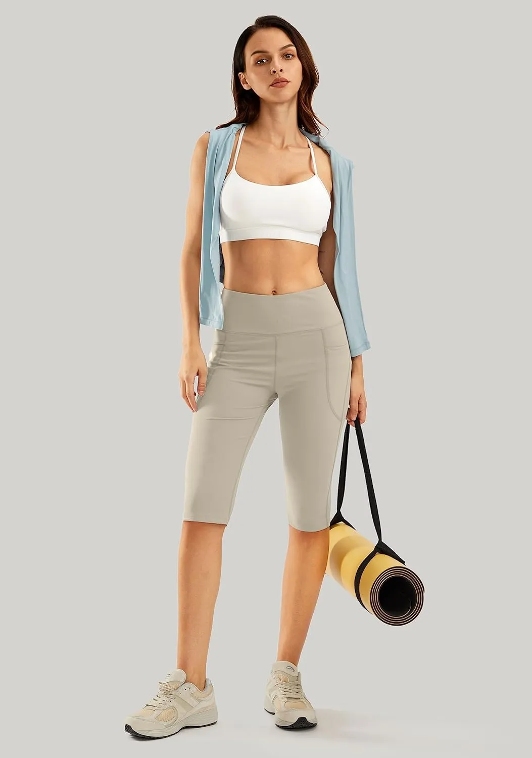SANTINY Women's Knee Length Capri Leggings with Pockets High Waisted Workout Exercise Yoga Capris Pants for Women