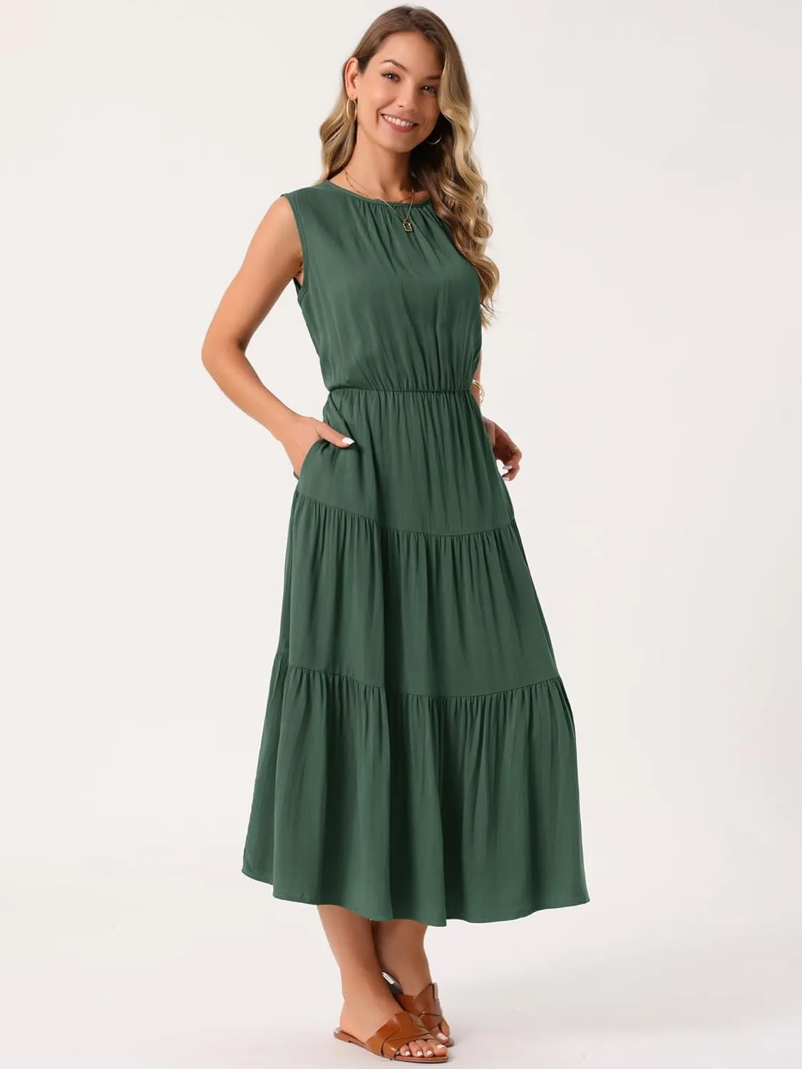 Seta T Women's Summer Dresses Sleeveless Crewneck Sundress Tiered Casual Flowy Midi Dress with Pockets