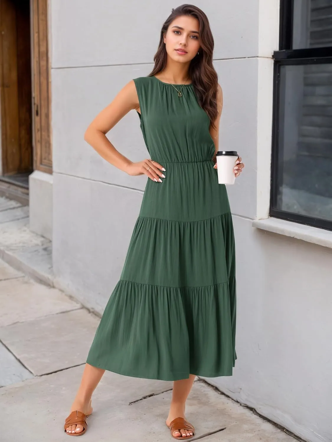 Seta T Women's Summer Dresses Sleeveless Crewneck Sundress Tiered Casual Flowy Midi Dress with Pockets