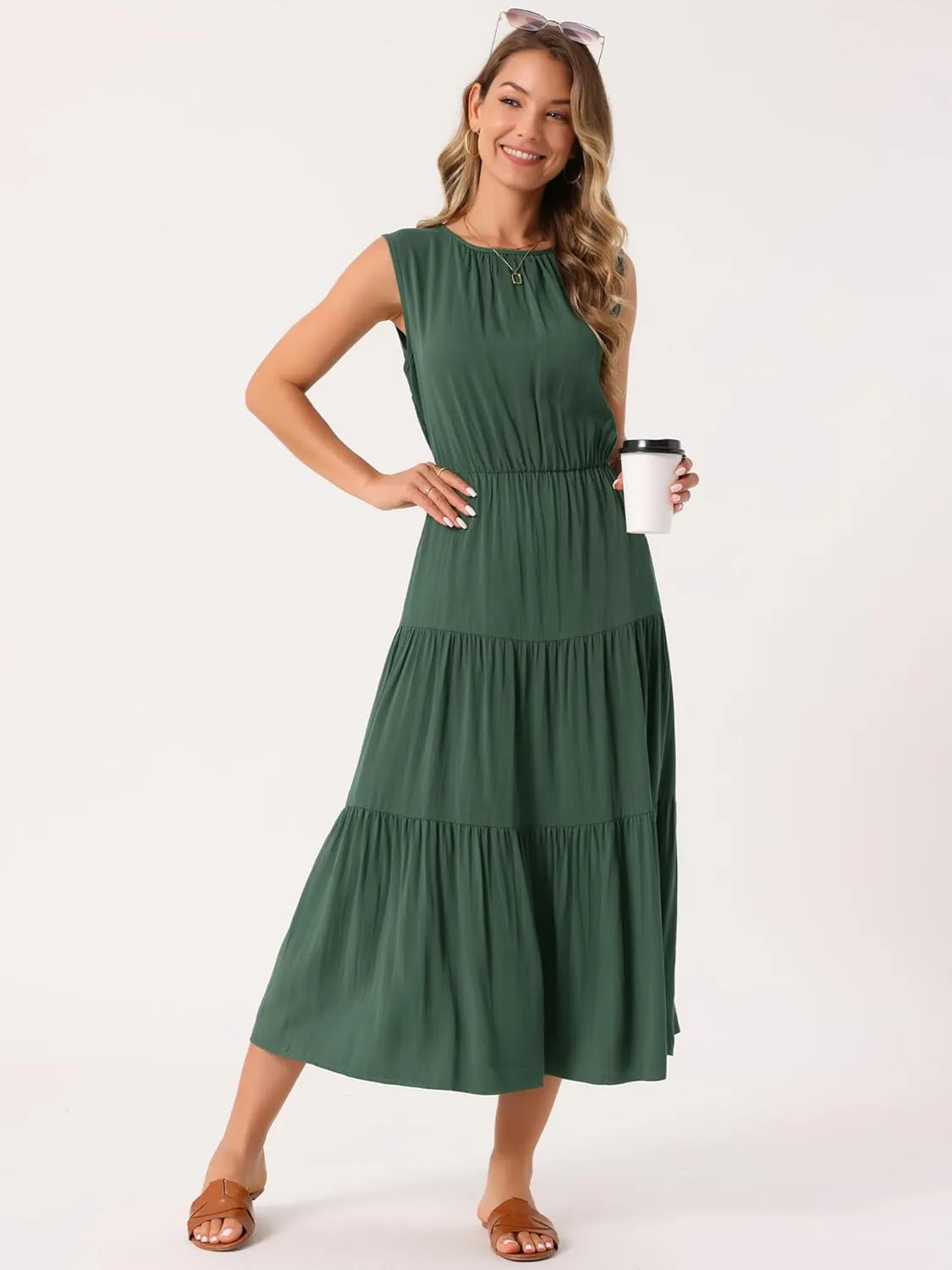 Seta T Women's Summer Dresses Sleeveless Crewneck Sundress Tiered Casual Flowy Midi Dress with Pockets