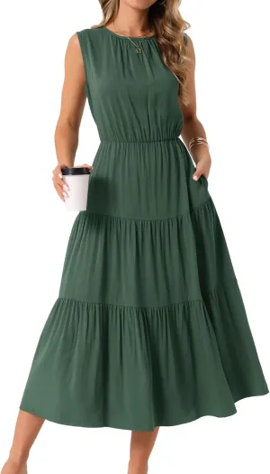 Seta T Women's Summer Dresses Sleeveless Crewneck Sundress Tiered Casual Flowy Midi Dress with Pockets